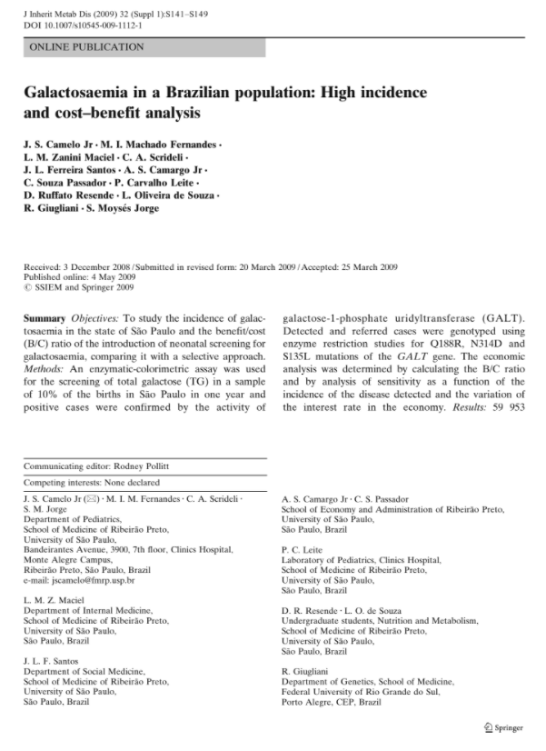 Galactosemia in a Brazilian population: high incidence and cost-benefit analysis